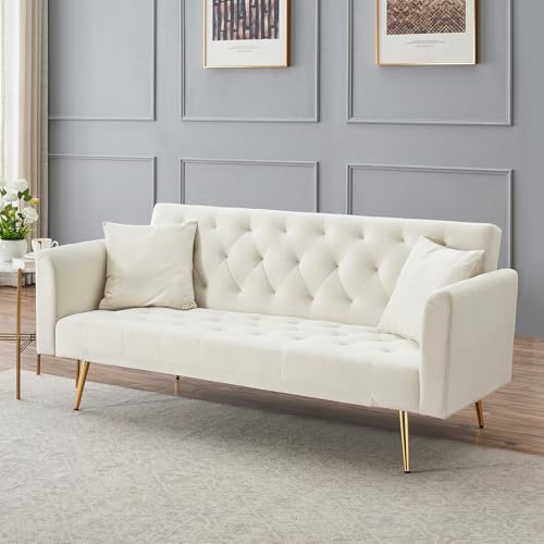 71" Modern Velvet Sofa Bed Futon, Convertible Sleeper Couch, Adj. Backrest | Tufted Recliner Loveseat Design with Golden Chrome Legs & 2 Pillows, Perfect for Small Spaces, Living Room, Apartment - color: Beige