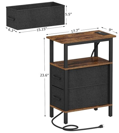 2 Set Narrow Side Table for Small Spaces, Skinny End Table with Charging Station, Sofa Beside Table with 2 Drawers 1 Open Compartment, Slim Nightstand with USB Ports Outlet, Rustic and Brown UTBT004F2 - color: Rustic Brown