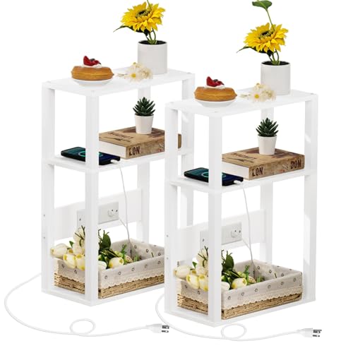 YUFAM 3-Tier Narrow Bedside Table Set 2 for Small Spaces, Skinny Nightstand | Thin Side Table with Charging Station, Slim End Table with USB & Outlets, Easy Assembly for Couch, Living Room, Bedroom,White - color: White, size: 2 Pack