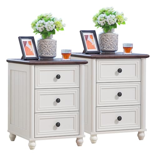 RWYHG 18" Night Stand Set 2, Nightstand with 3 Drawers | Farmhouse Modern Bedside Table, Solid Wood Legs, Metal Handles, White Bed Side End Tables for Bedroom Living Room - color: Elegant White, style: 3 Drawers*2