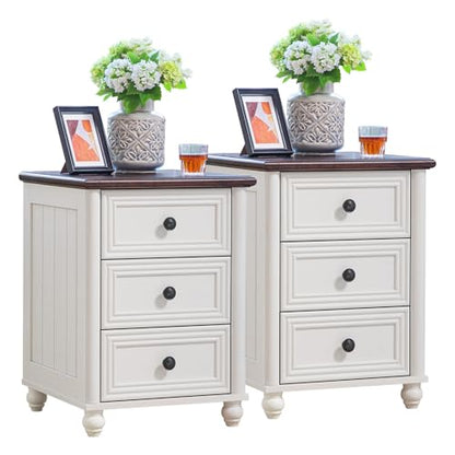 RWYHG 18" Night Stand Set 2, Nightstand with 3 Drawers | Farmhouse Modern Bedside Table, Solid Wood Legs, Metal Handles, White Bed Side End Tables for Bedroom Living Room - color: Elegant White, style: 3 Drawers*2