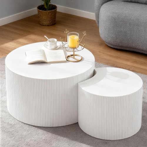 26 inch Round White Fluted Nesting Coffee Table Set of 2, B Large | Spray Painting Finish, For Living Room, Nested Crescent Side Table, Nestable Design, Mid-Century Modern, For Small Spaces - color: White a Large