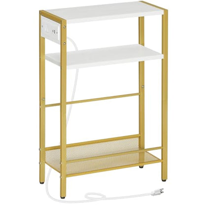 HOOBRO Small Narrow Side Table with Charging Station, Skinny End Table for Small Spaces, Slim Nightstand with USB Ports Outlet, Sofa Beside Table with Storage Shelf, White and Gold DW102UBZ01 - color: Gold + White