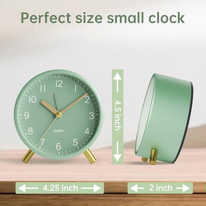 JALL Analog Alarm Clock, 4 inch Super Silent Non Ticking Small Clock with Night Light, Battery Operated, Simple Design, Easy Setting for Office, Bedroom, Bedside, Desk, Teens, Elders, Adult, Green - color: Green+gold