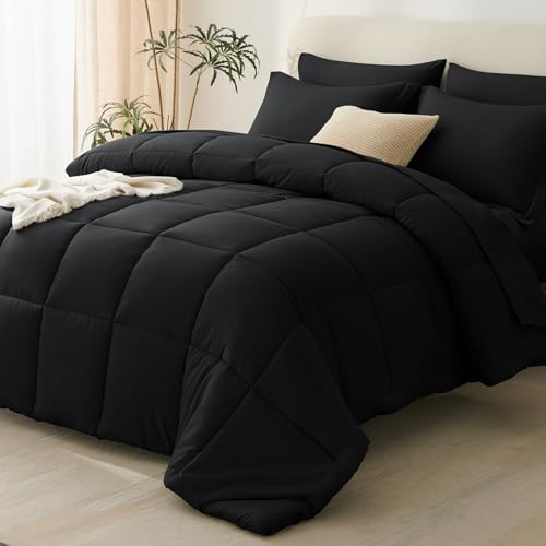 Full Size Comforter Sets, 7-Piece Bed in a Bag, Black | OEKO-TEX Certified, Box-Stitched Design, 240 GSM Down Alternative Fill, All-Season Comfort, Sheets, Pillowcases & Shams - color: Black, size: Full(82"x86")