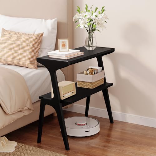Solid Wood End Table | 2-Tier Side Table with Storage Shelf, Accent Slim Bedside Table for Sofa, Living Room, Bedroom, Small Space, Black - color: Black