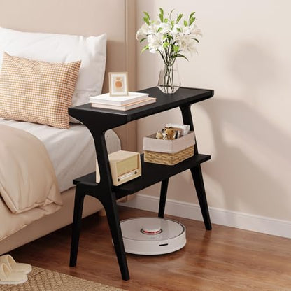 Solid Wood End Table | 2-Tier Side Table with Storage Shelf, Accent Slim Bedside Table for Sofa, Living Room, Bedroom, Small Space, Black - color: Black