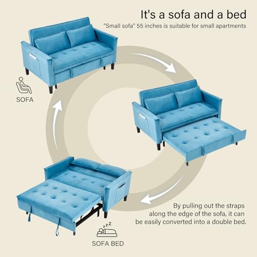 3 in 1 Convertible Sleeper Sofa Bed, Velvet Loveseat Futon Pull-Out Couch with Adjustable Reclining Backrest, Side Pockets and Pillows for Living Room,Bedroom Apartment Small Spaces (Sky Blue-Velvet) - color: Sky Blue-velvet