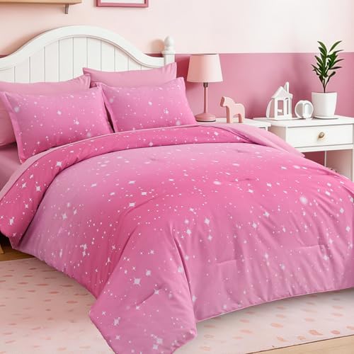 Dinjoy Girls Comforter Set 6 Pieces, Twin Size Colorful Ombre Rainbow Bedding Set, Bed in A Bag for Kid Teen Girls (1 Comforter, 1 Flat Sheet, 1 Fitted Sheet, 1 Pillow Shams, 2 Pillowcases) - color: Light Pink, size: Twin