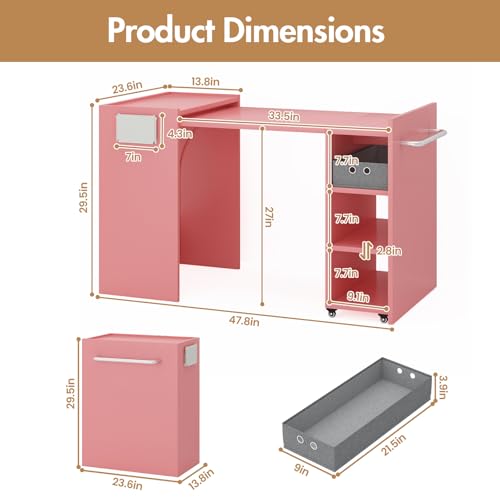 smilesun Folding Dining Table, Wall Mount Foldable Kitchen Table w/Fabric Drawer & Adjustable Storage Shelf, Space Saving Compact Expandable Pull Out Table for Small Spaces, Pink - color: Pink