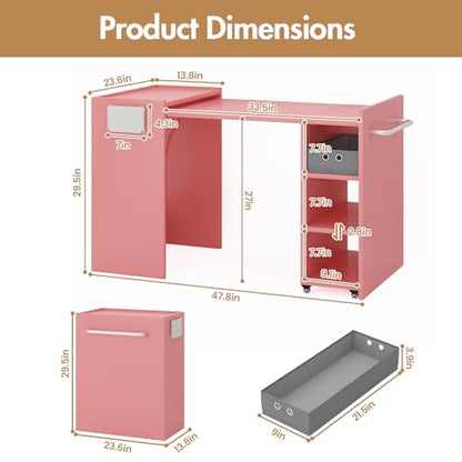 smilesun Folding Dining Table, Wall Mount Foldable Kitchen Table w/Fabric Drawer & Adjustable Storage Shelf, Space Saving Compact Expandable Pull Out Table for Small Spaces, Pink - color: Pink