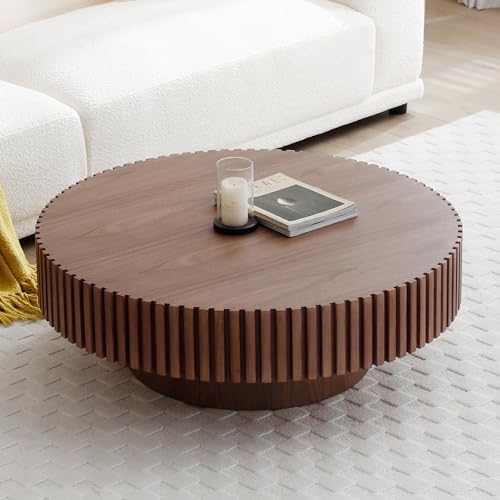 39.37'' Round Coffee Table for Living Room, Modern Wood Nesting Coffee Table Handcraft Circle Fluted Drum Coffee Table, Easy Assembly - color: Walnut, size: 39.37"x23.62"x13.42"