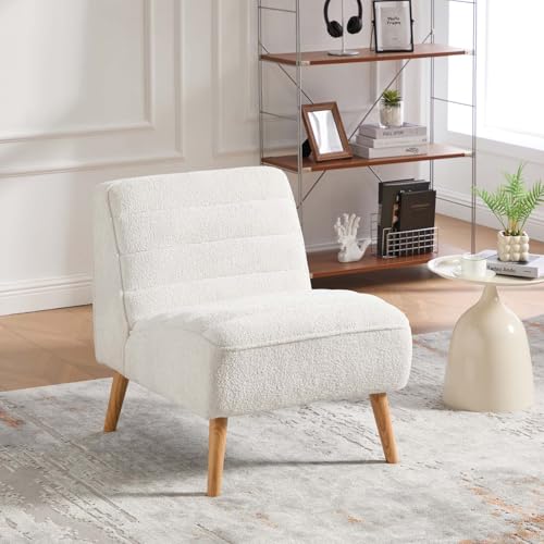 Velvet Slipper Chair, Armless Upholstered Accent Chair with Black Wood Legs, Modern Lounge Chair for Living Room, Bedroom, Office & Reading Nook (Ivory+Wood) - color: Ivory+wood