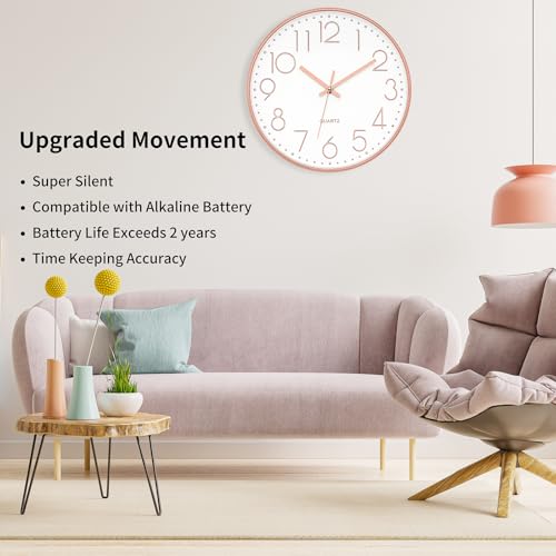 Foxtop 12" Modern Wall Clock Silent Battery Operated Rose Gold Clock | Non Ticking, Quartz, Round, Analog, Easy to Read, Bedroom, Kitchen, Living Room, Office - color: Rose Gold, size: 12 Inch Quartz