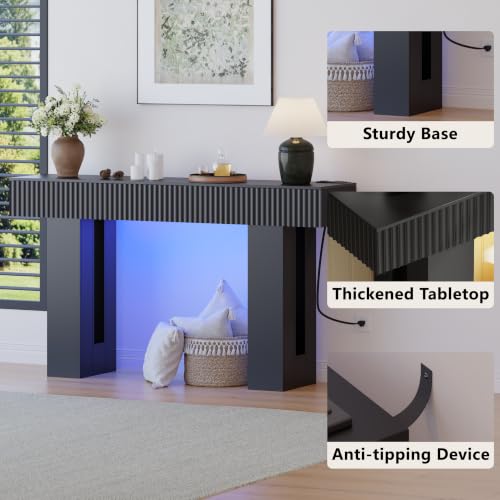 60-Inch Long Entryway Table with Built-in Power Outlet and App & Button-Controlled RGB Light, Thick Wood Farmhouse Console Table for Behind Sofa, Narrow Hallway, Living Room, Foyer, Entrance, Black - color: Black, size: 60 Inch