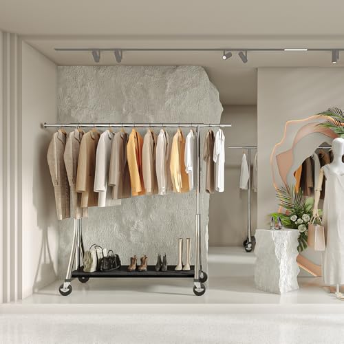MAXLEAD Clothes Rack, Clothing Rack with Wood Shelves 500 LBS Heavy Duty Garment Rack for Hanging Clothes Portable Closet Sturdy Coat Rack for Bedroom, Living Room, Laundry, Balcony, Silver | Heavy Duty Garment Rack, Easy Assemble Portable Closet Sturdy C
