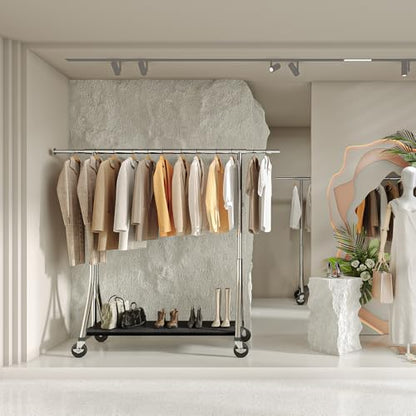 MAXLEAD Clothes Rack, Clothing Rack with Wood Shelves 500 LBS Heavy Duty Garment Rack for Hanging Clothes Portable Closet Sturdy Coat Rack for Bedroom, Living Room, Laundry, Balcony, Silver | Heavy Duty Garment Rack, Easy Assemble Portable Closet Sturdy C