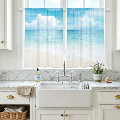 zokyer Coastal Kitchen Curtains, Beach Theme, 27.5" W x 39" L, Rod Pocket | 2 Panels, Hawaiian Tropical Nautical Seascape, S-ummer Blue Sea Sky Ocean Landscape, Sand Short Window Drapes Tiers Decor - size: 27.5"W x 39"L (Pack of 2)