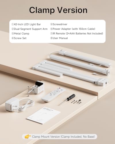 ONEMIX 42" LED Desk Lamp with Clamp, Architect Desk Light with Remote, Adjustable 4-Segment Bar, 1800LM Bright, Eye-Caring Desk Lamp for Home Office, Reading, Study, Dual Monitors, Workbench (White)