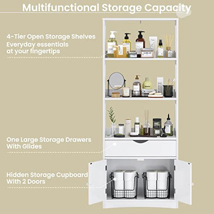 DICTAC Kitchen Pantry Storage Cabinets Freestanding Tall Bathroom Cabinet with Shelves and Drawer 64''H Sideboard Microwave Space Cupboard Organizer for Home Office,White, 23.62x13x64.06inch - size: 23.62x13x64.06inch