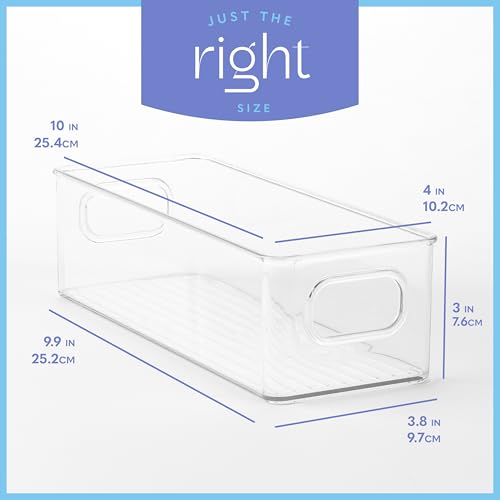 Plastic Food Storage 4 Pack Clear Container Bin with Handles for Organizing Kitchen, Pantry, Fridge, Freezer, Pantry,Bathroom. 10"x4"3" - size: 10x4x3