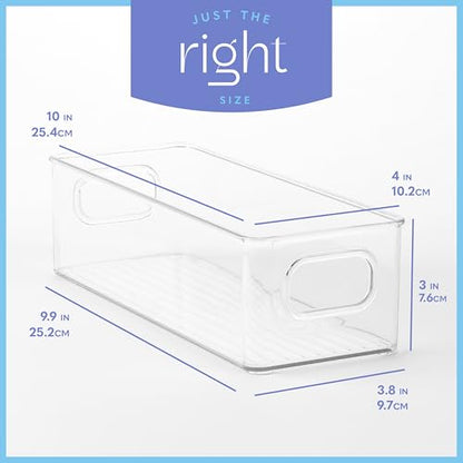 Plastic Food Storage 4 Pack Clear Container Bin with Handles for Organizing Kitchen, Pantry, Fridge, Freezer, Pantry,Bathroom. 10"x4"3" - size: 10x4x3