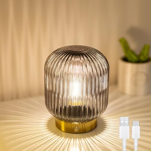 MJ PREMIER Rechargeable Table Lamp, Cordless Lamp with Memory Function,Gray | Small Glass LED Lamp with Dimmable Brightness, Decorative Touch Lamps for Bedroom Living Room