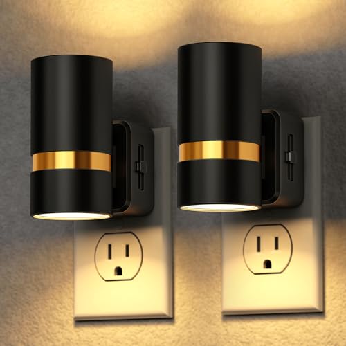 LED Night Light, 2 Pack, Dimmable Night Light Plug in | Black Cylinder Wall Sconce, Slide Brightness Adjustable with Dusk to Dawn Sensor, 3000K Warm White for Bedroom