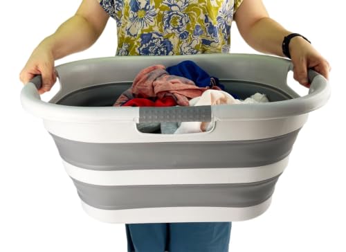 SAMMART 40L (10.5 gallon) Collapsible Plastic Laundry Hamper - Foldable Pop Up Storage Container/Organizer - Portable Washing Tub - Space Saving Basket (1, Grey/Dark Grey) - color: Grey/Dark Grey