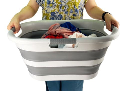 SAMMART 40L (10.5 gallon) Collapsible Plastic Laundry Hamper - Foldable Pop Up Storage Container/Organizer - Portable Washing Tub - Space Saving Basket (1, Grey/Dark Grey) - color: Grey/Dark Grey