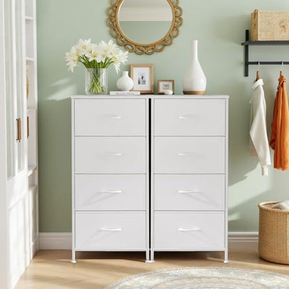 4 Drawer Dresser for Bedroom, Fabric Storage Drawer Unit with Wooden Top Steel Frame, Closet Organizer Chest of Drawers for Bedroom, Entryway, Dorm, White