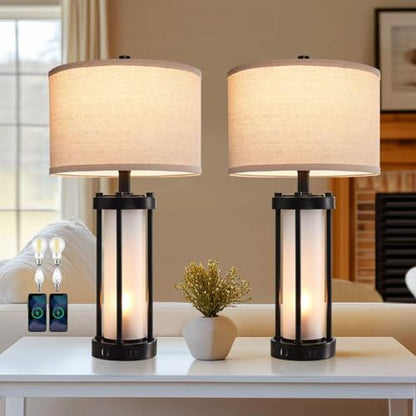 RORIA Set of 2 Modern Table Lamps for Living Room with 2 USB Ports, White Frosted Glass Nightlight for Bedroom, Contemporary Desk Lamps for Nightstand End Table Entryway, 4 Bulbs Included (Black) | 2 USB Ports White Frosted Glass Nightlight for Bedroom, D