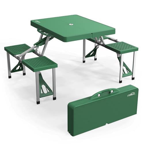 VINGLI 4 Ft Portable Folding Picnic Table Camping Table Foldable Set with 4 Seats with Umbrella Hole Suitcase Card Table-220 Lbs Support Aluminum Frame, Plastic RV Tabletop for Yard, Travel - color: Green