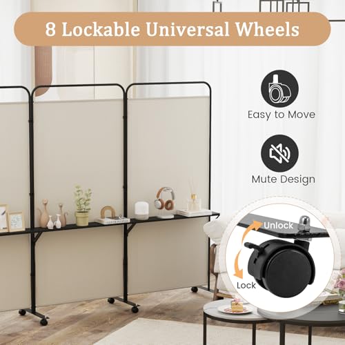 GOFLAME 3 Panel Room Divider with Storage Shelves, 6FT Folding Privacy Screen with Lockable Wheels, Portable Rolling Wall Divider, Freestanding Partition Screen for Room Separation, Beige - color: Beige