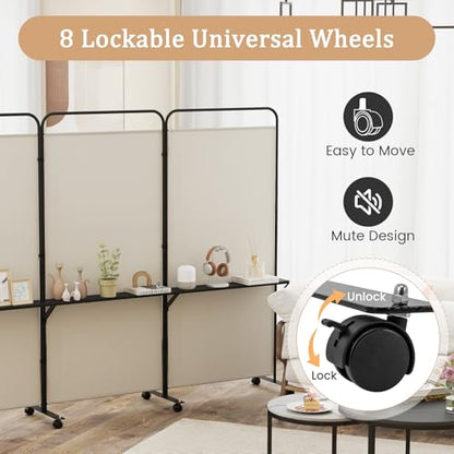 GOFLAME 3 Panel Room Divider with Storage Shelves, 6FT Folding Privacy Screen with Lockable Wheels, Portable Rolling Wall Divider, Freestanding Partition Screen for Room Separation, Beige - color: Beige