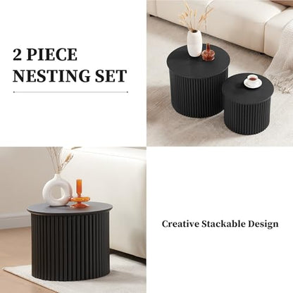 Round Nesting Coffee Table Set of 2, Small Fluted Coffee Table Circle Side Table, Mid Century Modern Wood Nesting Tables Farmhouse End Table Set for Living Room, Bedroom, Small Spaces(Black) - color: Black, size: Small-Fluted