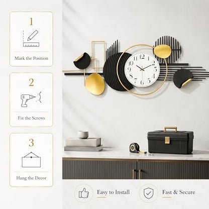HAVFIFK 59" Large Metal Wall Clock,3D Silent Clock for Living Room | Layered Geometric Design, Easy to Install, Vertical or Horizontal Hanging Wall Art Decor for Bedroom, Dining Room, Office.