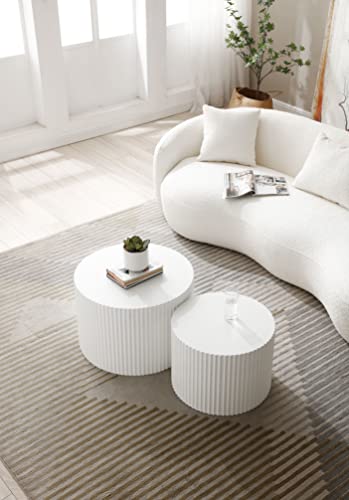 JUSTONE Round Nesting Coffee Table Set of 2 - Space-Saving White Modern Wooden Accent Tables for Small Spaces, Handcrafted Wood Side/End/Bedside Tables for Living Room & Bedroom - color: 23.62" Round-white