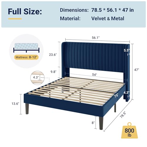 Allewie Full Size Velvet Bed Frame/Vertical Channel Tufted Wingback Headboard/Upholstered Platform Bed/Strong Wooden Slats/No Box Spring Needed/Easy Assembly/Blue - color: Blue, size: Full