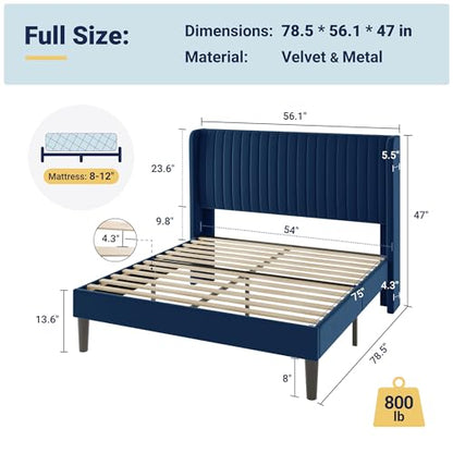 Allewie Full Size Velvet Bed Frame/Vertical Channel Tufted Wingback Headboard/Upholstered Platform Bed/Strong Wooden Slats/No Box Spring Needed/Easy Assembly/Blue - color: Blue, size: Full