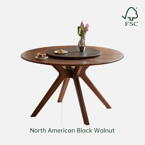 43.3’’ Round Black Walnut Dining Table for 4-6, Solid Wood Kitchen Table with Intersecting Pedestal Base, Farmhouse Circle Table for Dining Room, Living Room - color: Walnut