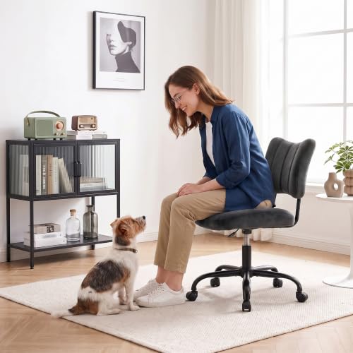 Homkdom Velvet Vanity Chair with Bow Backrest & Height Adjustable,Bedroom | Armless,360 Swivel,Silent Casters for Dressing Room & Living Room, Home Office,Make up,Reading,Black - color: Black