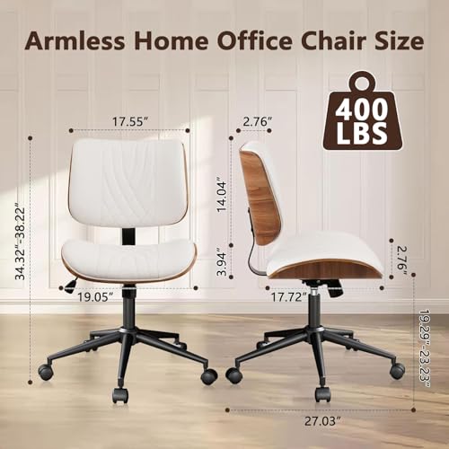 CLATINA Armless Home Office Chair, Desk Chair with Wheels, Adjustable Height Reading Chair, Leather Mid Back & Swivel Computer Chair, Modern Walnut Chairs with Back for Studio Meeting Room(White) - color: White Diamond-a, size: 1 Pack