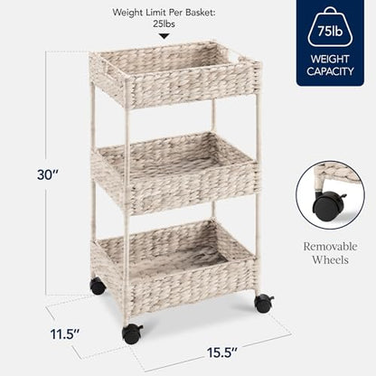 Best Choice Products 3-Tier Water Hyacinth Rolling Nursery Caddy w/Wheels, Utility Cart, Storage Organization for Bathroom, Craft Room, Laundry Room - Whitewash - color: Whitewash