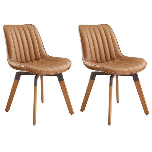 MidCentury Upholstered Swivel PU Dining Chair Set of 2 YellowBrown | 360° swivel curved foam-padded seat armless design dining room chairs accent chairs solid wood legs floor protection pads - color: Yellow Brown, size: Set of 2-PU