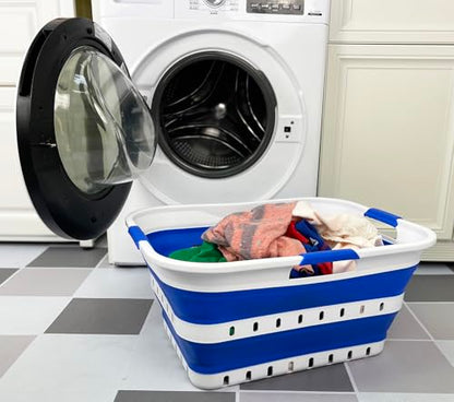SAMMART 42L (11 gallon) Collapsible Plastic Laundry Basket - Foldable Pop Up Storage Container/Organizer - Space Saving Hamper/Basket (1, White/Dark Blue) - color: White/Dark Blue