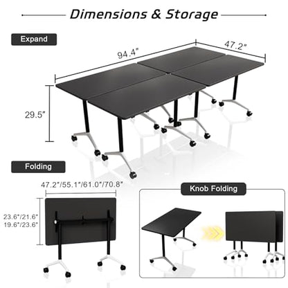 Folding Conference Table with Wheels Set of 6, Modular Conference Room Table for 6-12 Person Meetings, Flip Top Rolling Training & Classroom Tables, Nesting Office Tables - color: Black, size: 71 in