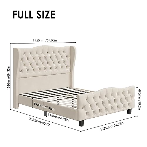 Full Size 54.3" Tall Bed Frame with Wingback Headboard & Footboard | Velvet Upholstered Platform Bed with Deep Button Tufted & Handmade Pleats, No Box Spring Needed, Easy Assembly, Beige/Cream - size: Full