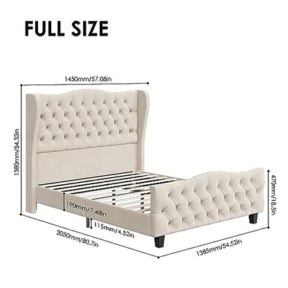 Full Size 54.3" Tall Bed Frame with Wingback Headboard & Footboard | Velvet Upholstered Platform Bed with Deep Button Tufted & Handmade Pleats, No Box Spring Needed, Easy Assembly, Beige/Cream - size: Full
