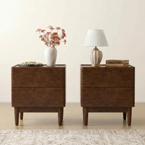 100% Solid Wood Nightstand Set of 2, Mid Century Modern Nightstands with Drawers, Wooden Night Stand for Bedroom, Small Bedside Table for Low Bed(Walnut Finish, Solid Oak Wood) - color: Walnut-19.29"h-2p